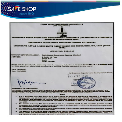 SAFE SHOP INSURANCE REGULATORY AND DEVELOPMENT AUTHORITY (IRDA) CERTIFICATE