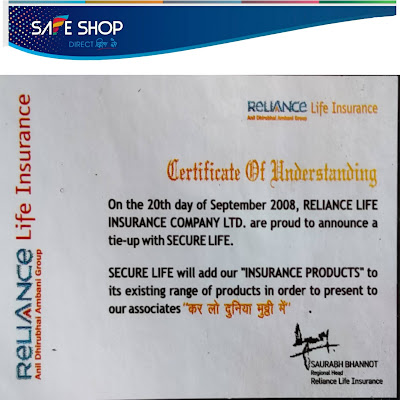 SAFE SHOP RELIANCE COMPANY CERTIFICATE
