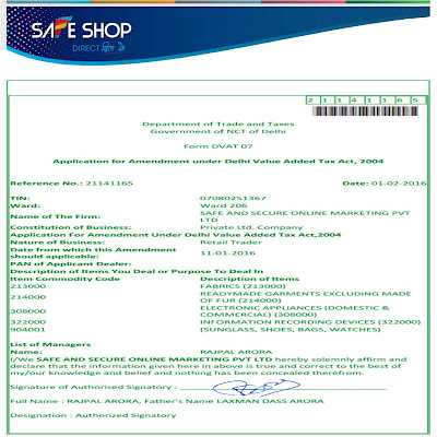 SAFE SHOP DEPARTMENT OF TRADE & TAXES CERTIFICATE