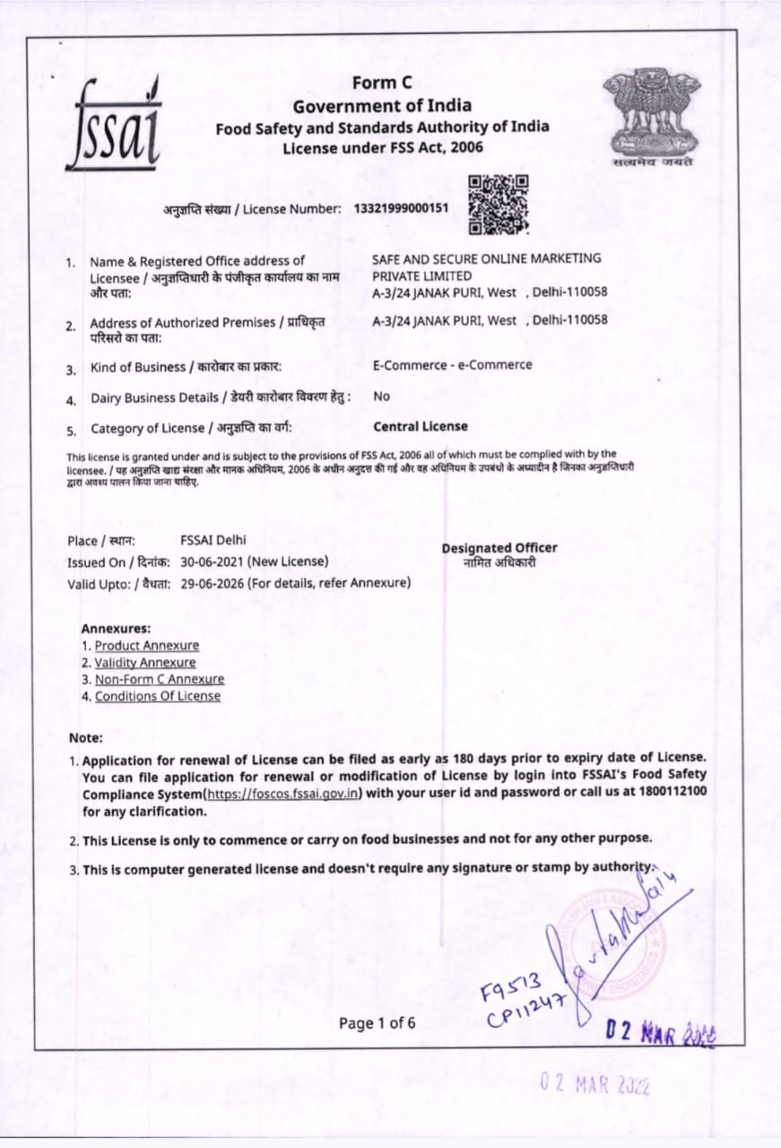 SAFE SHOP INDIA PVT LTD CO. FSSAI CERTIFICATE