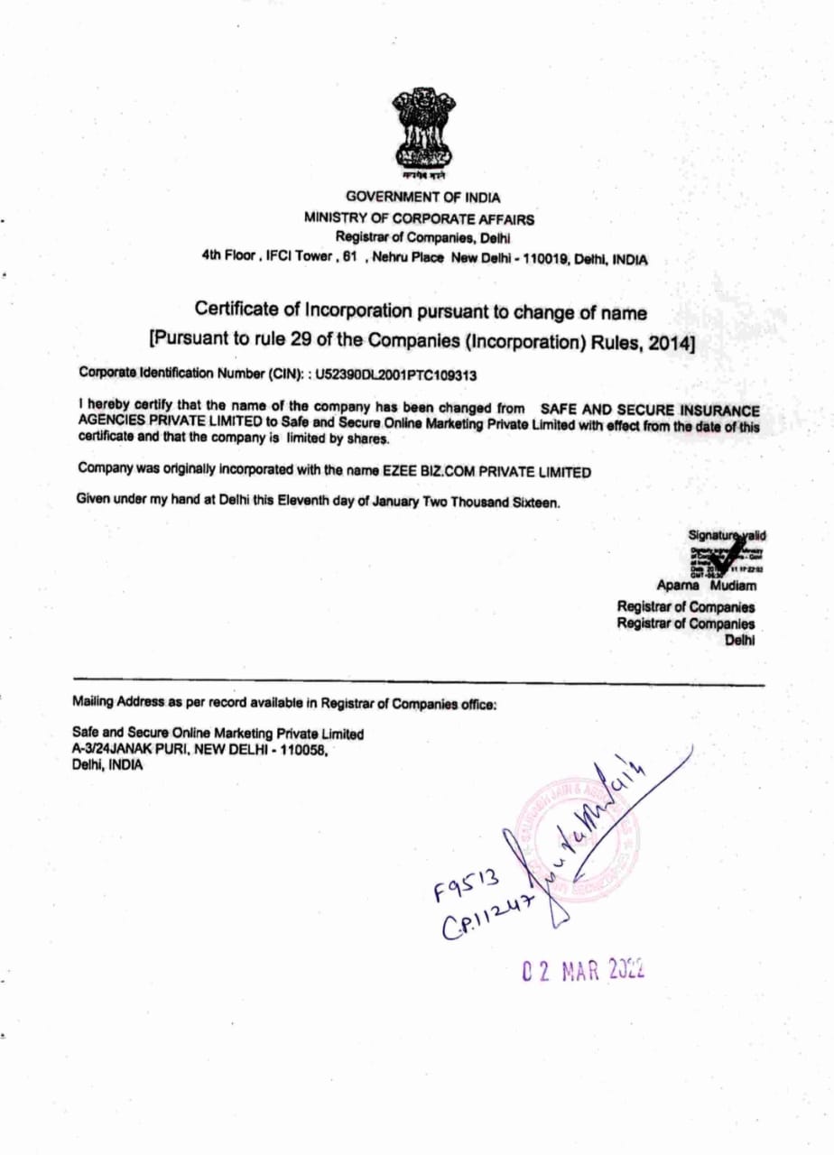 GOVERNMENT OF INDIA MINISTRY OF CORPORATE AFFAIRS CERTIFICATE